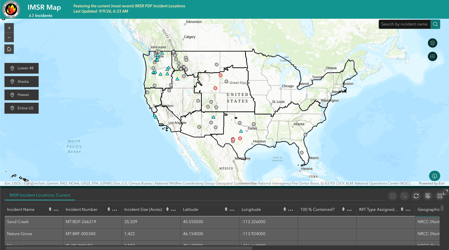 Screenshot of the IMSR Map dashboard showing incident markers across the U.S. and a data table listing active wildfire details.
