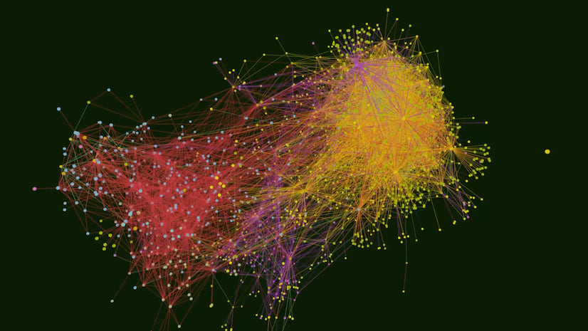 A bright multicolored knowledge graph in yellow and red with scattered data points