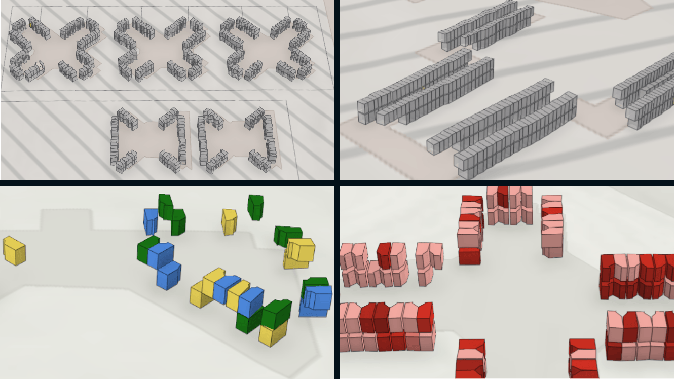 Four 3D renderings of a PA prison cell block: two show bare geometry, two show the same layout color-coded by gang affiliation.