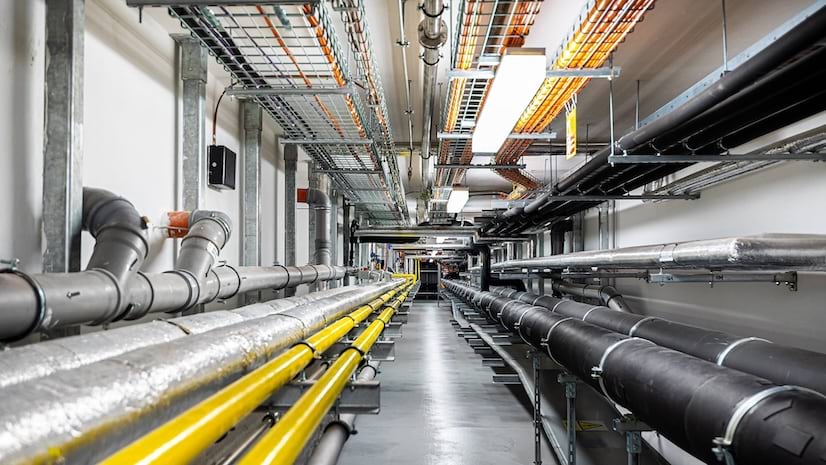 A series of long metal pipes in a building