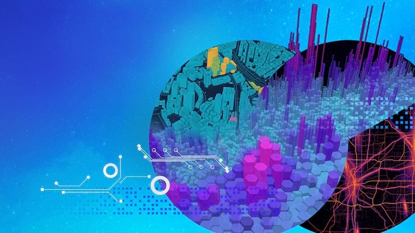 An abstract illustration of 2 circles with multicolored shapes, maps, and buildings inside