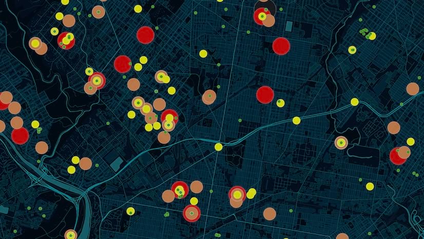 Data visualization map with scattered red, orange, and yellow data points