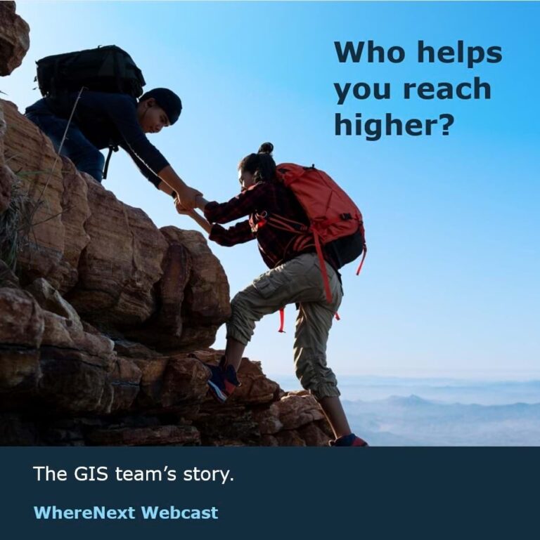 Mountain climbers signify a GIS team helping the organization