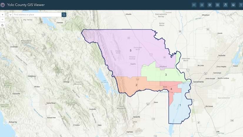 A map of Yolo County with a region highlighted in different colors and numbered