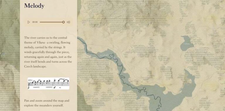 Screenshot of a webpage with two sections: a left panel titled "Melody" featuring an audio player, descriptive text about the Vltava river’s theme, and a snippet of sheet music; and a right panel showing an antique-style map with a blue river winding through a landscape decorated with musical notes.