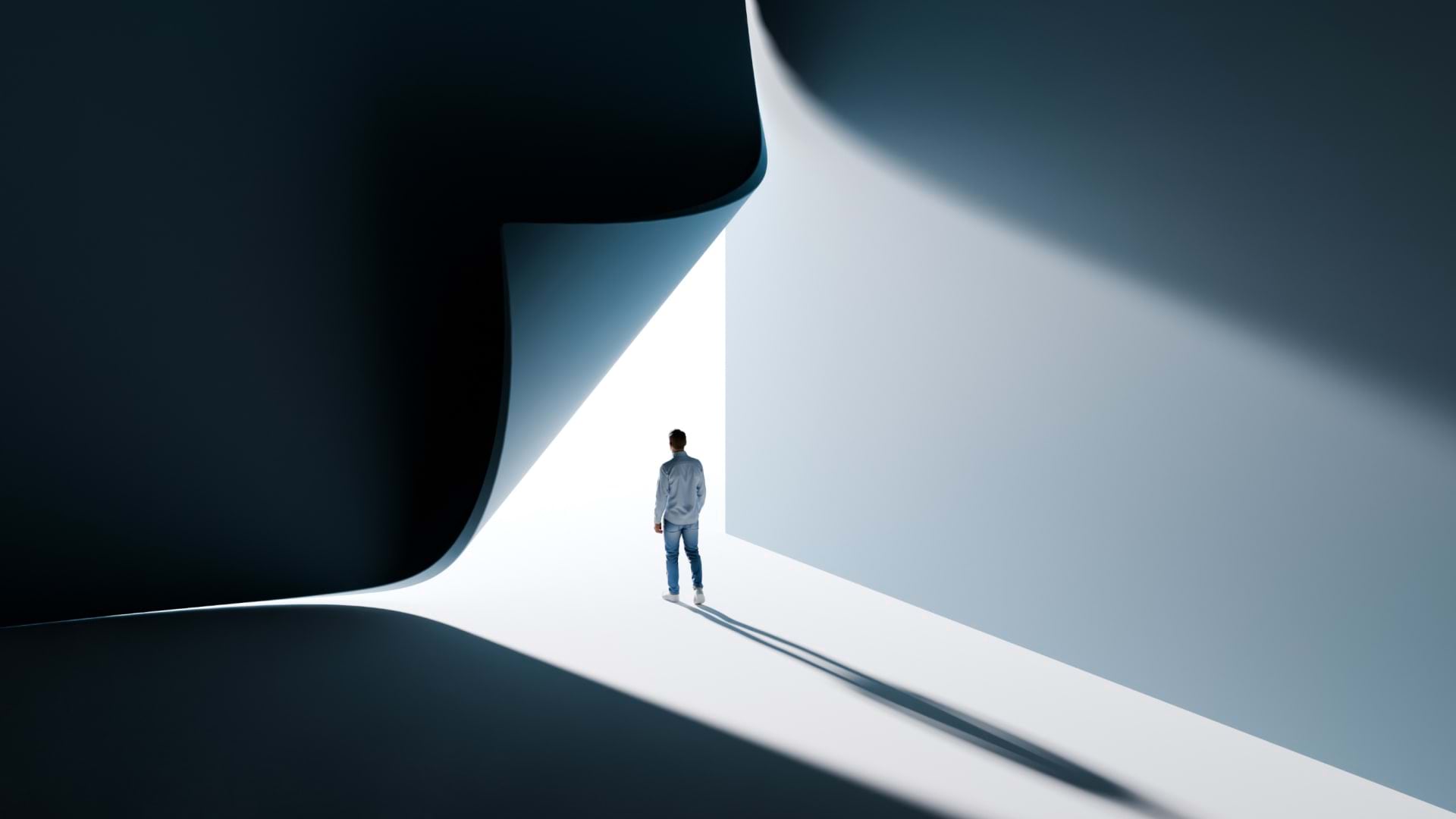 A figure steps toward an exit from darkness, representing GIS professionals escaping the technical comfort zone