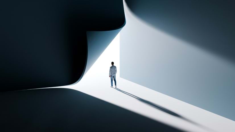 A figure steps toward an exit from darkness, representing GIS professionals escaping the technical comfort zone