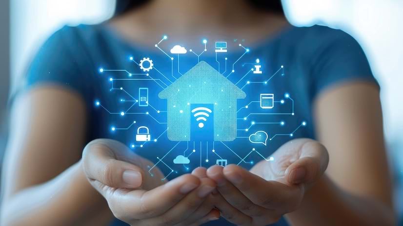 A person holding their hands out with digital icons of a home, gear, clouds, and computer