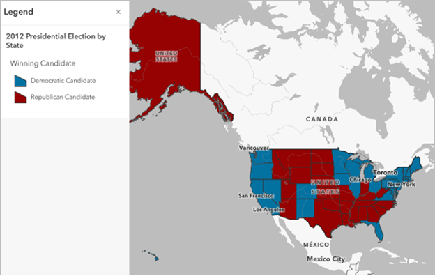An election map of the United States with states colored red and blue