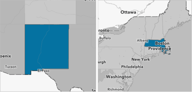 A side by side view of a map showing Texas and the northeast US in gray and blue