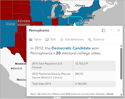 A red and blue US election map with a popup box of voting information