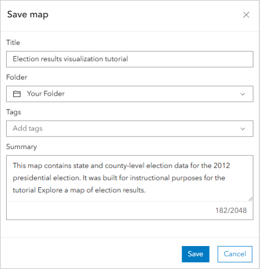 A save map popup in Map Viewer with title, tags, and folder fields