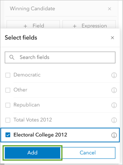 A select fields window open in Map Viewer with a check box next to electoral college 2012