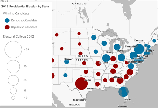 A US election map with scattered red and blue circles and an open legend box
