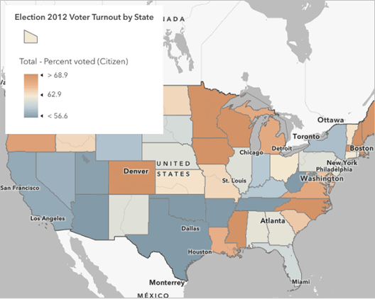 A map showing voter turnout by state for a 2012 US election in gray, beige, and orange