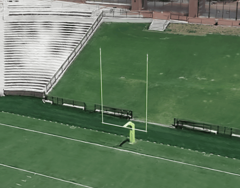 A 3D image of a football field and its goalpost