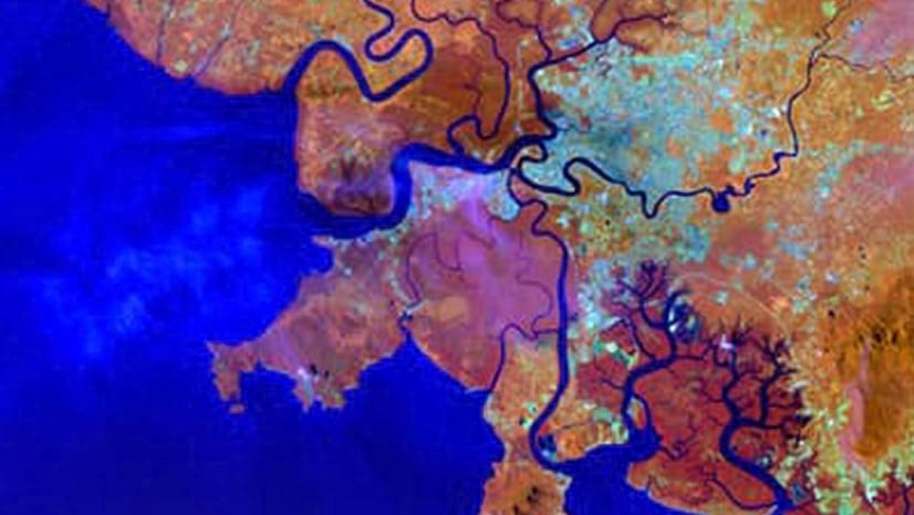 A multicolored map of land and ocean