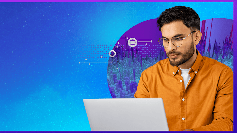 A professional young man with glasses typing on a laptop against a blue and purple background