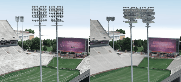 A Gaussian splat of the lights and bleachers of Memorial Stadium