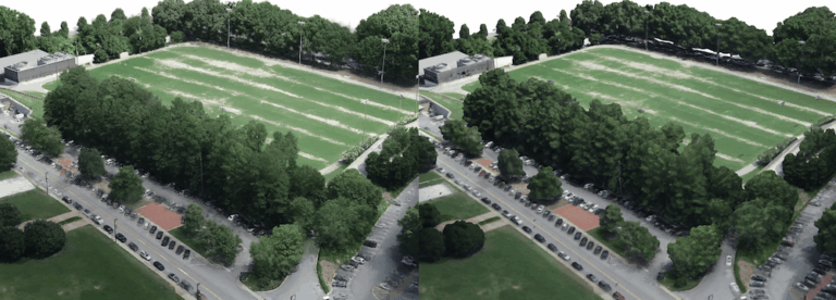 A 3D image of a field, trees, and parking lot
