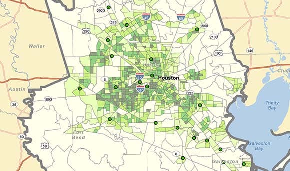 A map showing location analytics for Regions Bank in the Houston region A map showing location analytics for Regions Bank in the Houston region