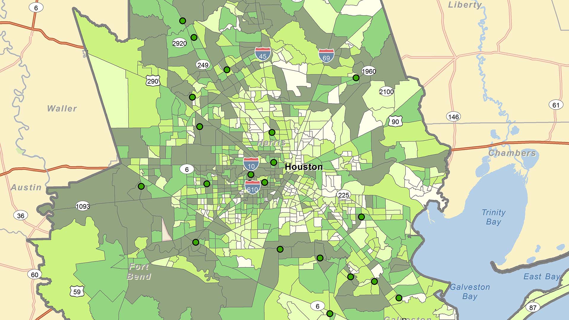 A map showing lending inside the Houston Assessment Area by Regions Bank\'s Peer Banks