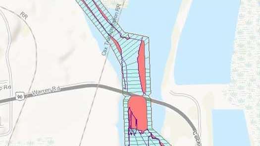 The areas in pink mark the accumulation of sediment, called shoaling, in the Port of Mobile, Alabama. This map, derived from a hydrographic survey, guides the maintenance effort.