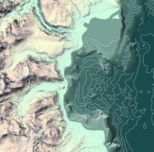 Lake Tahoe and its shoreline with a hand-drawn style hillshade and illuminated contours. Map by Ken Field.