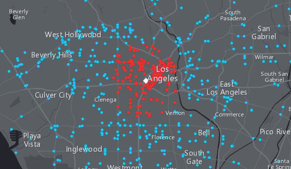 ArcGIS API for JavaScript combines modern web technology with powerful geospatial capabilities so users can create high-performing apps and smart data visualizations, such as this one that shows where city buses enter the downtown Los Angeles area.