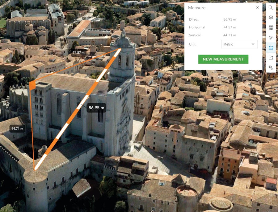 The new measurement tool in Scene Viewer allows users to dynamically calculate distances in 3D while gliding over features, terrain, buildings, or point clouds.