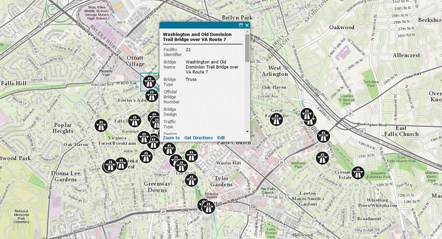 Pop-ups on this map display information about the city’s bridges that was collected during the bridge inventory.