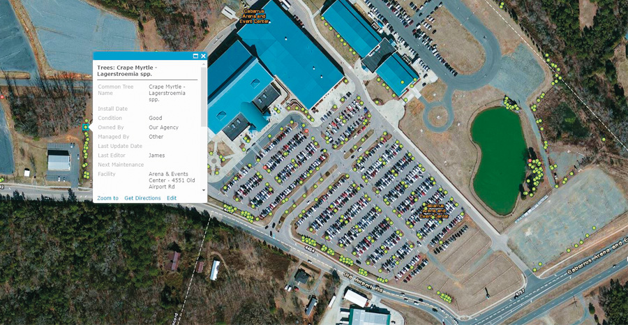 In ArcGIS Online, green dots indicate healthy trees, blue dots signify trees that are in bad shape, and red dots denote trees that are in fair health and require a follow-up visit.