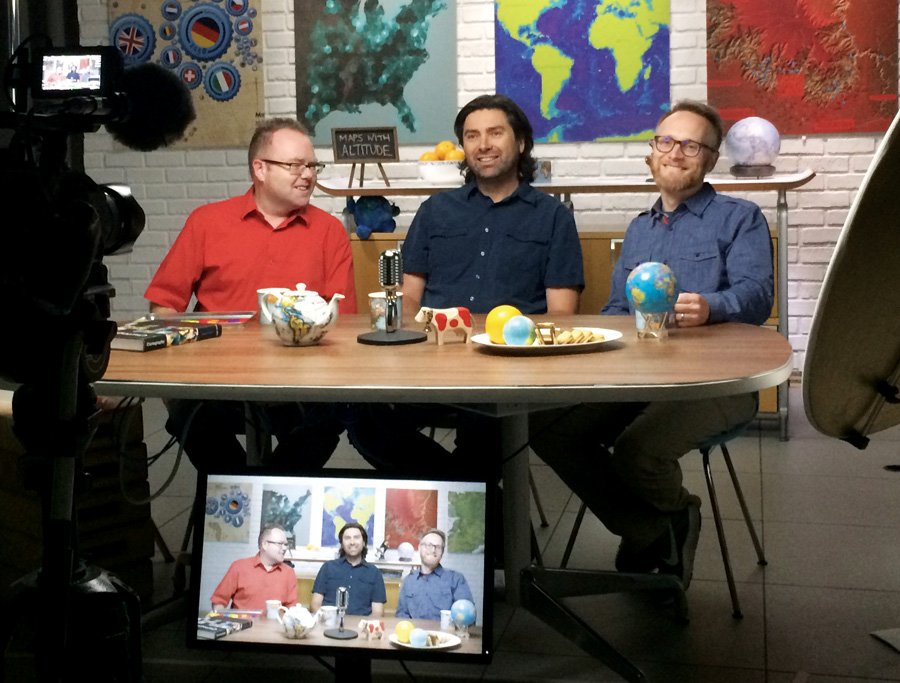 From left to right, Esri's Ken Field, Nathan Shephard, and John Nelson film Cartography., the fifth MOOC that Esri has put together. From left to right, Esri's Ken Field, Nathan Shephard, and John Nelson film Cartography., the fifth MOOC that Esri has put together.