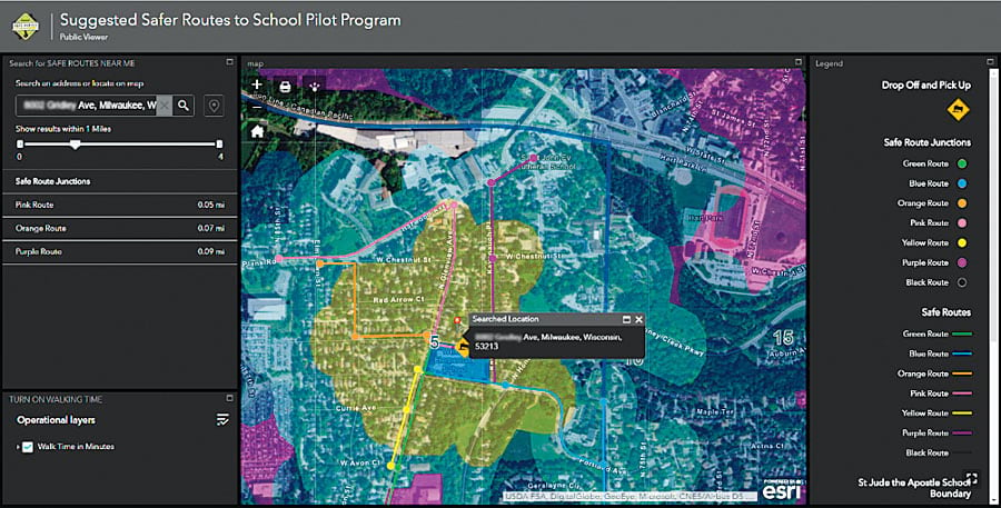 The Safe Routes Near Me widget allows parents to quickly search for safe walking routes near them, and the Walk Time in Minutes layer shows how long it will take to get to or from school.