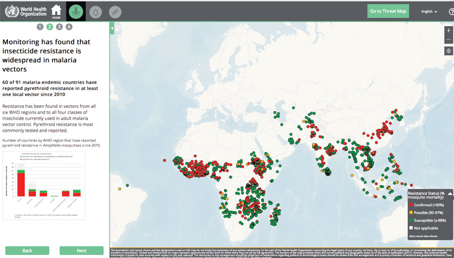 A story map-like app, the Malaria Threats Map introduces data via curated narratives, allowing users to filter through detailed data and thousands of historic outcomes.