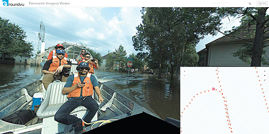 The GroundVu team rode in an airboat to capture imagery in a flooded neighborhood near Houston.