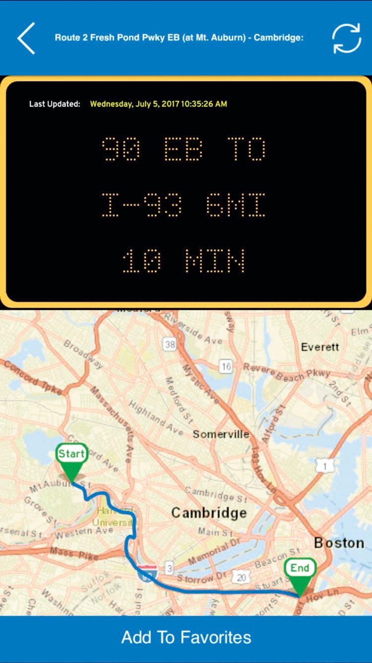 The GoTime app displays the travel times shown on both permanent and temporary electronic highway signs.