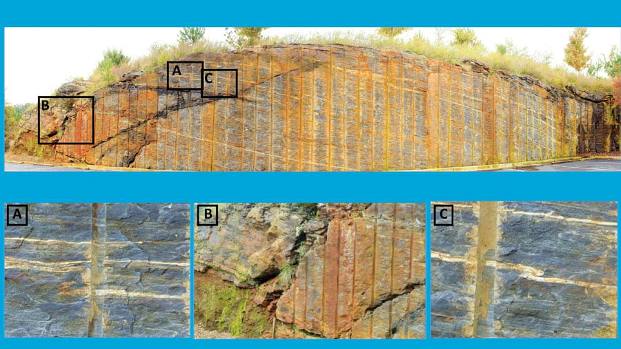 Gigapan photography of this rock outcrop in Duluth, Georgia, allows users to see all its faults, folds, and veins.