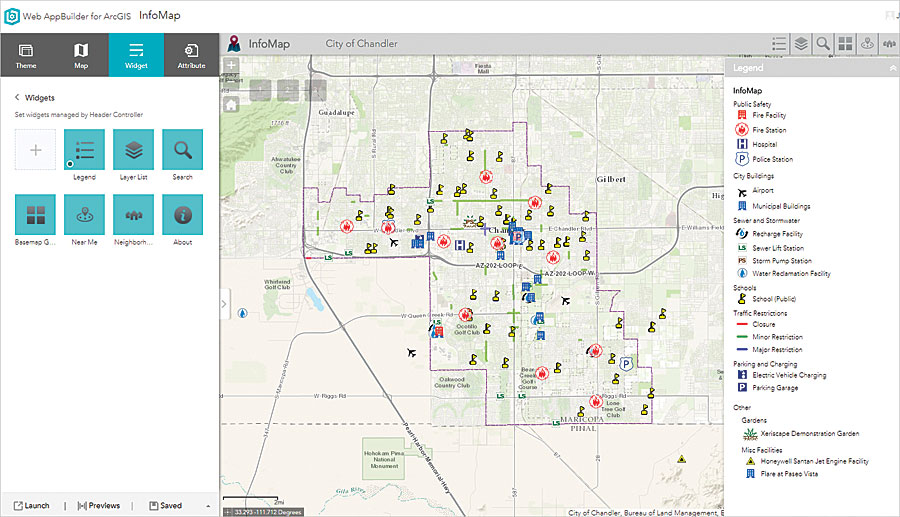 The City of Chandler, Arizona, used Web AppBuilder for ArcGIS to develop InfoMap, which displays information about the city’s facilities on a digital map.