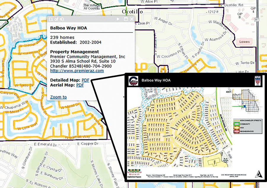 The Neighborhoods layer in InfoMap shows the location of each neighborhood that is registered with the city.