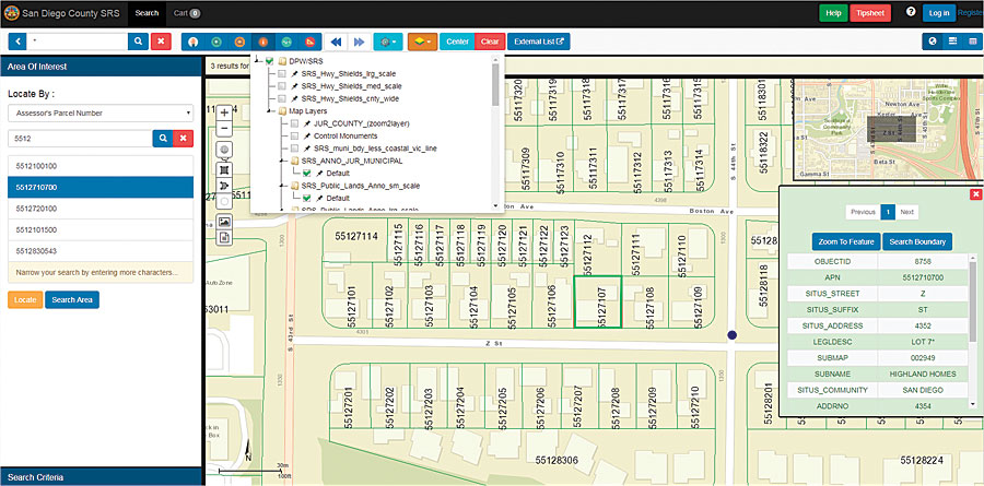 Public users of the County of San Diego’s browser-based Survey Records System (SRS) can search the county’s survey and land records geospatially, via full text, or through a combination of both and then download the documents they need.