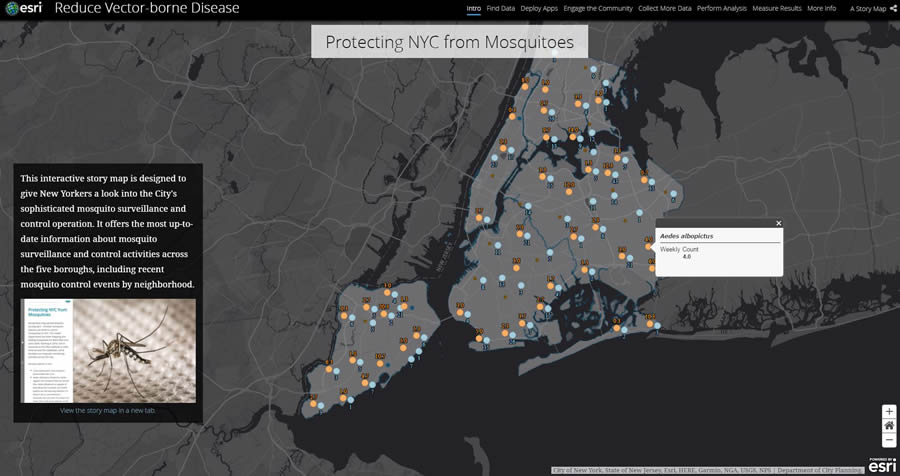 Readers will see many examples of Esri Story Map apps like this one about mosquito control in New York City.