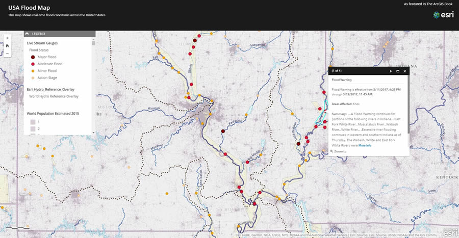 Readers get to see examples of real-time GIS. This map includes current flood conditions based on live data supplied by the National Weather Service