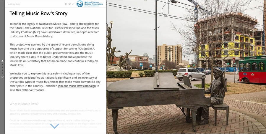 The National Trust for Historic Preservation created this Esri Story Map Journal app to raise awareness about the history of Music Row and the demolition of many music industry-related properties in this Nashville district. The photo of the statue of music producer Owen Bradley was taken by Rick Smith. The National Trust for Historic Preservation created this Esri Story Map Journal app to raise awareness about the history of Music Row and the demolition of many music industry-related properties in this Nashville district. The photo of the statue of music producer Owen Bradley was taken by Rick Smith.