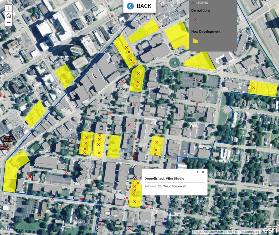New developments, in yellow, are replacing some of the music studios. New developments, in yellow, are replacing some of the music studios.
