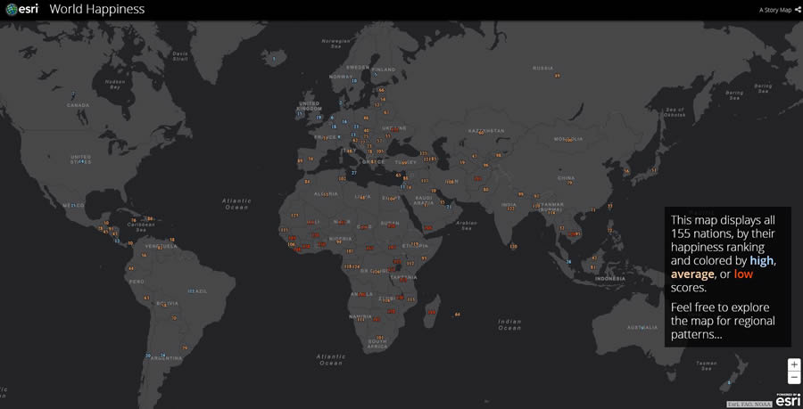 People have made story maps on a wide range of topics, including happiness rankings around the world.