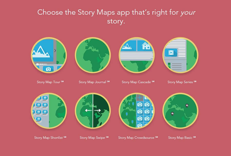 You have a choice of eight Esri Story Maps apps to select from to tell your story. You have a choice of eight Esri Story Maps apps to select from to tell your story.