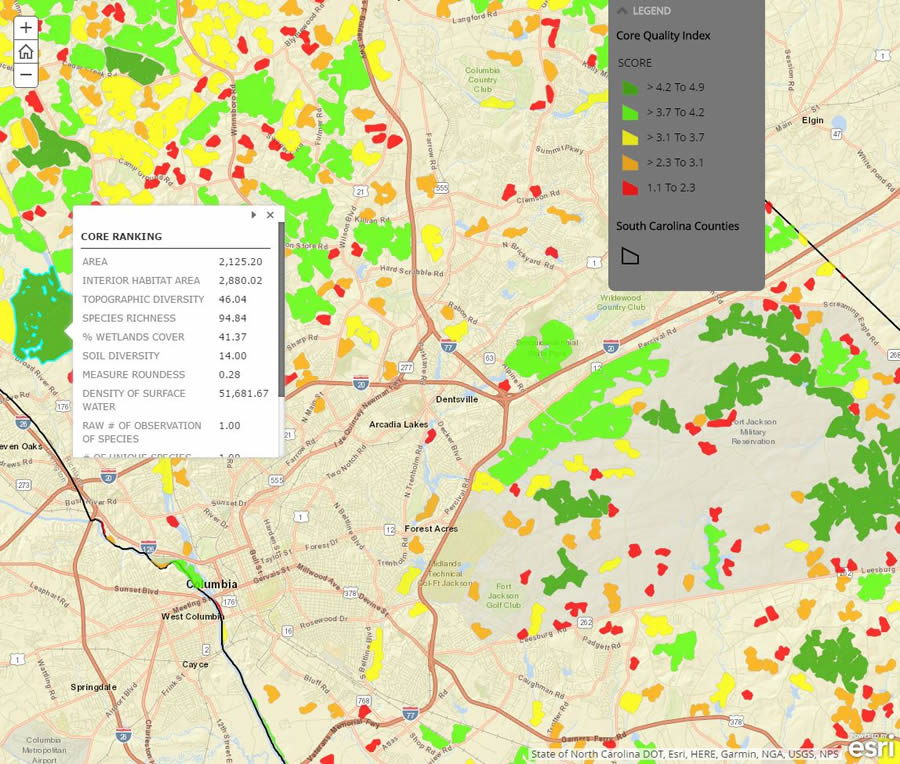 The green areas on this map earned high scores for factors such as the percentage of wetlands cover and species richness.