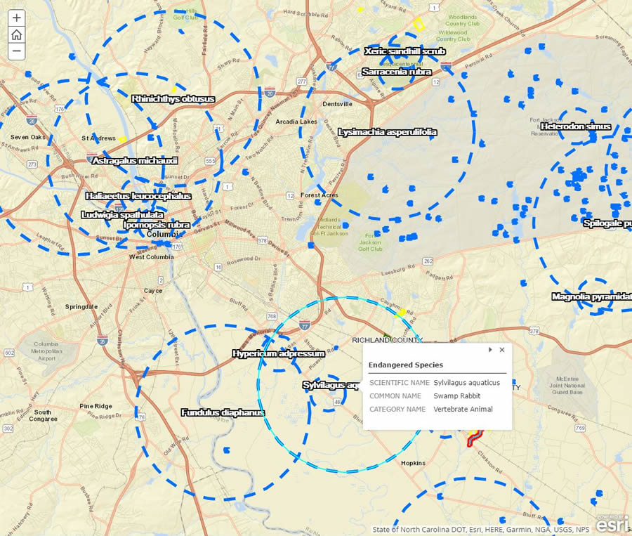 This map displays the locations of some endangered species in Richland County, including the swamp rabbit.