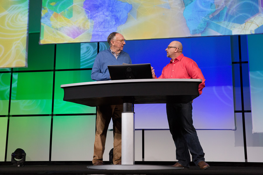 Esri president Jack Dangermond (left) joined ArcGIS program manager Jim McKinney on stage to talk about The Science of Where. Esri president Jack Dangermond (left) joined ArcGIS program manager Jim McKinney on stage to talk about The Science of Where.